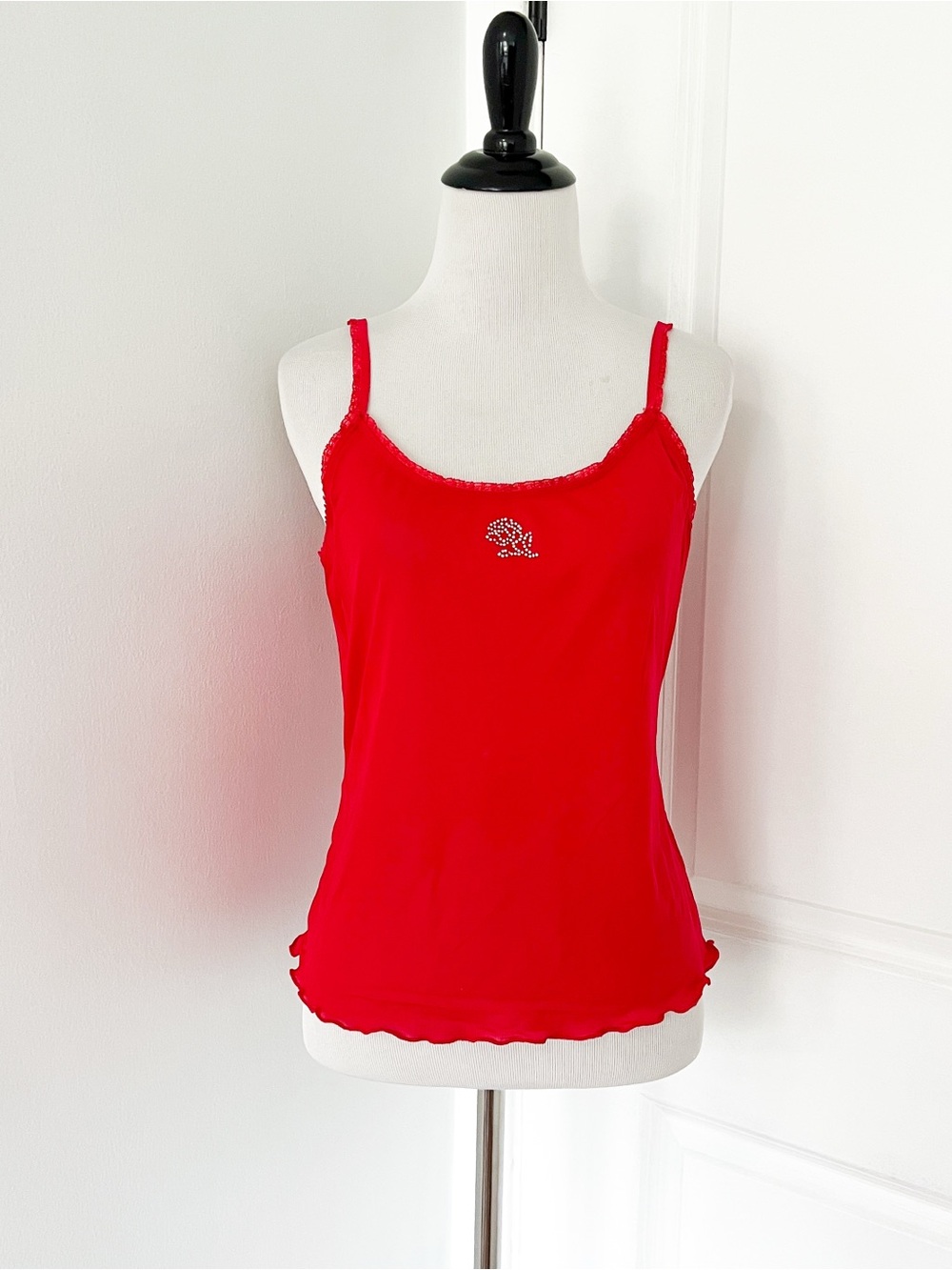 Vintage Y2K Red Spaghetti Strap Camisole with Rose Rhinestone Accent